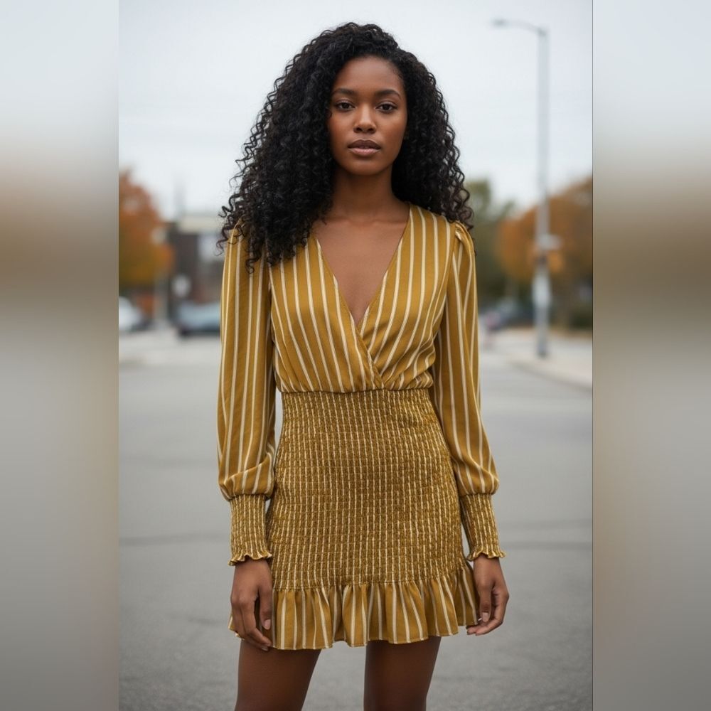 Forever 21 Mustard and White Striped Long Sleeve Dress - Picture 1 of 11